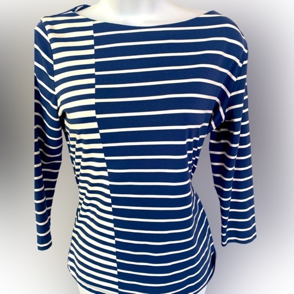 J McLaughlin Striped Quarter Sleeve Top - S blue white Polyester spandex
